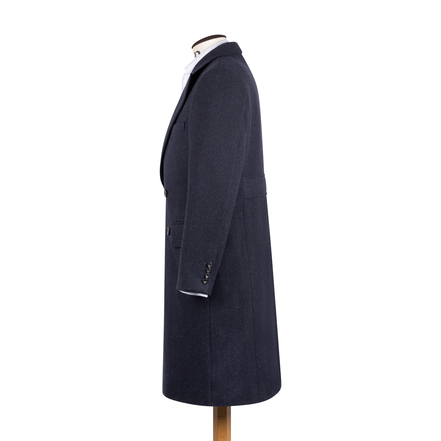 Double Breasted Peak Lapel Overcoat in Navy Herringbone – Cad