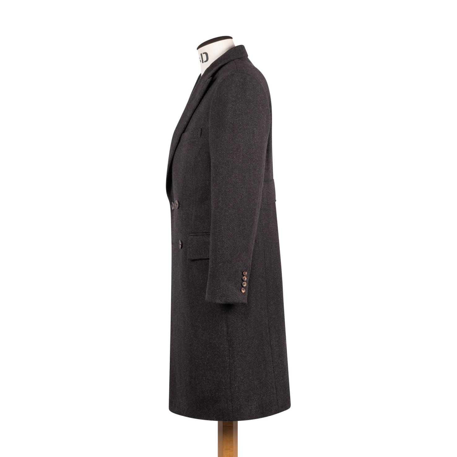 Double Breasted Peak Lapel Overcoat in Brown Herringbone