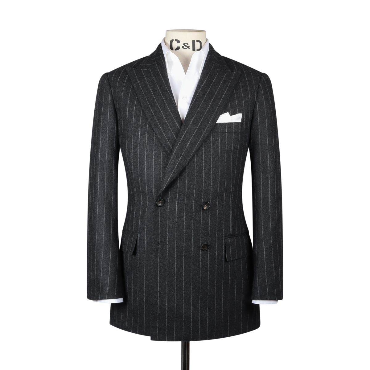 
                  
                    Double Breasted Peak Suit in Grey Pinstripe Flannel
                  
                