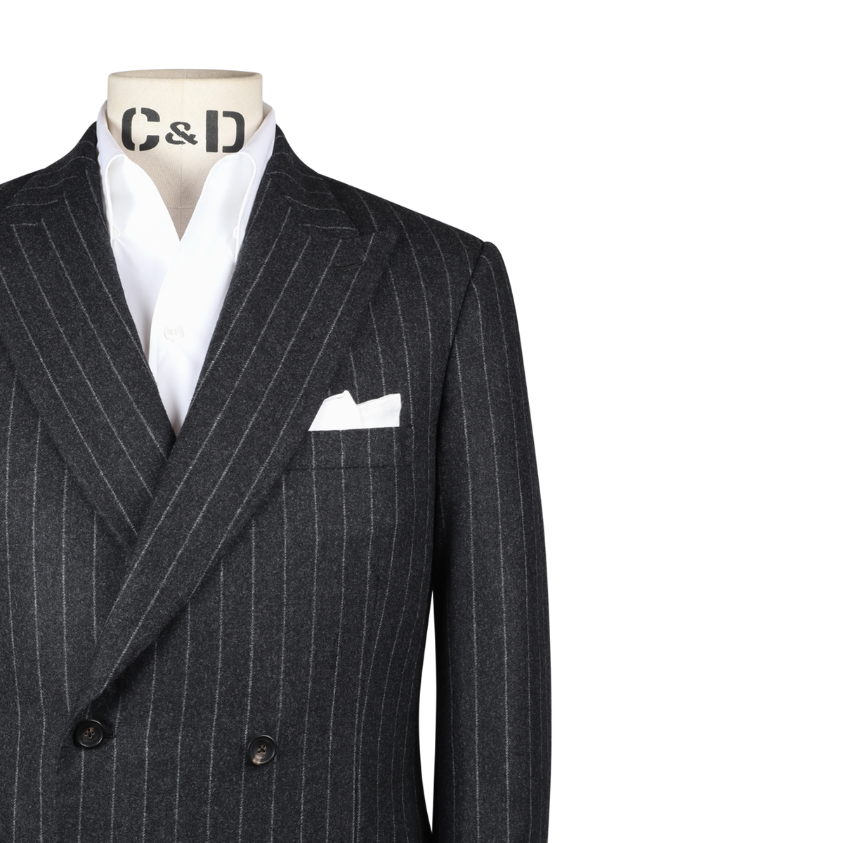 
                  
                    Double Breasted Peak Suit in Grey Pinstripe Flannel
                  
                