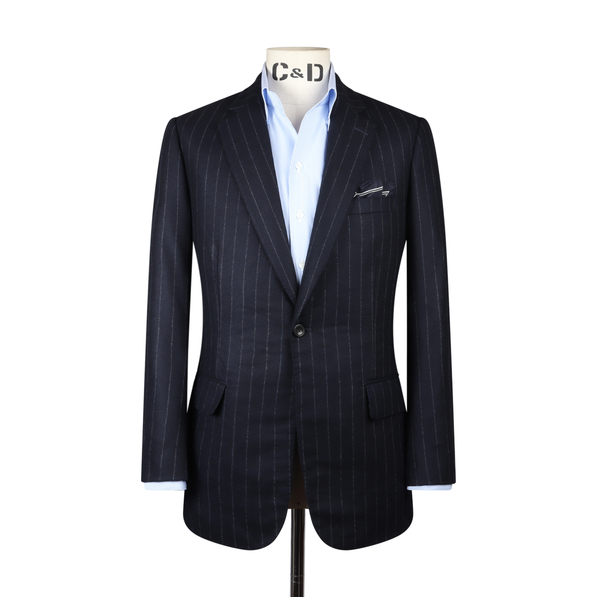 
                  
                    Single Breasted Notch Suit in Navy Pinstripe Flannel
                  
                