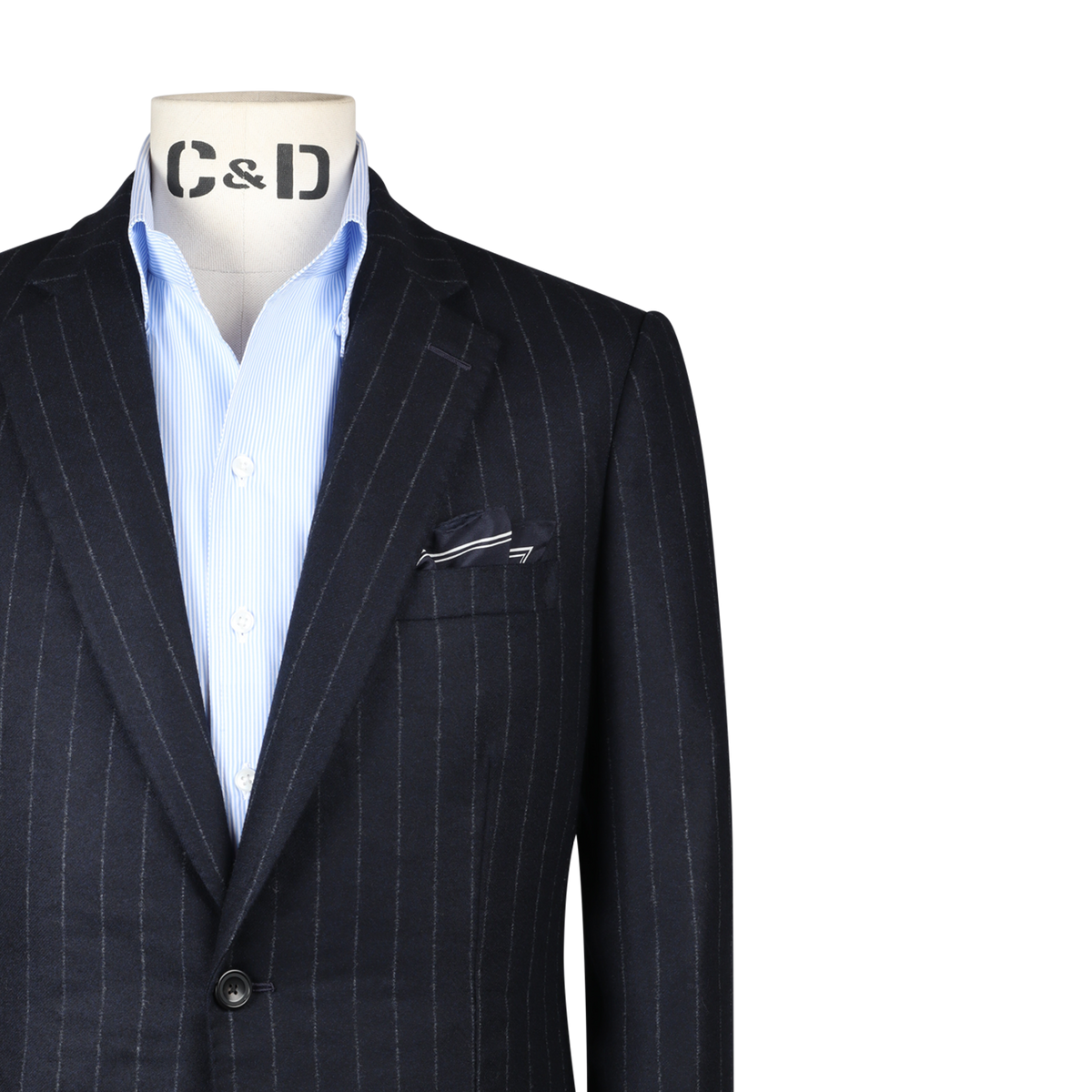 
                  
                    Single Breasted Notch Suit in Navy Pinstripe Flannel
                  
                