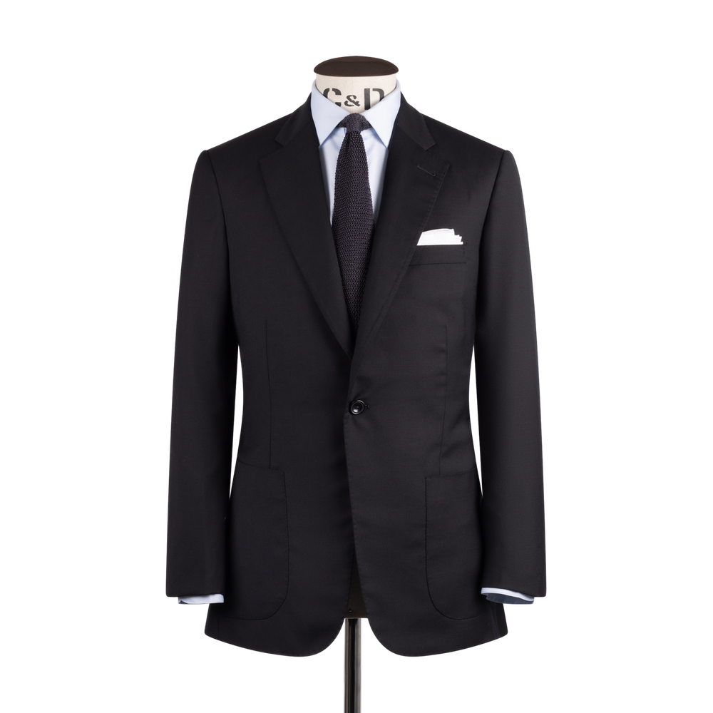 Single Breasted Notch Lapel Suit in Black Twill Wool