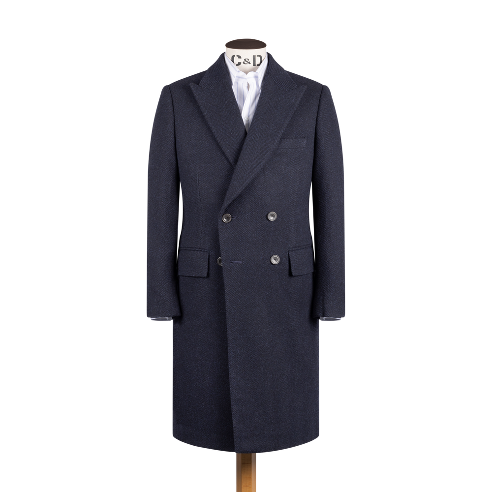 Double Breasted Peak Lapel Overcoat in Navy Herringbone