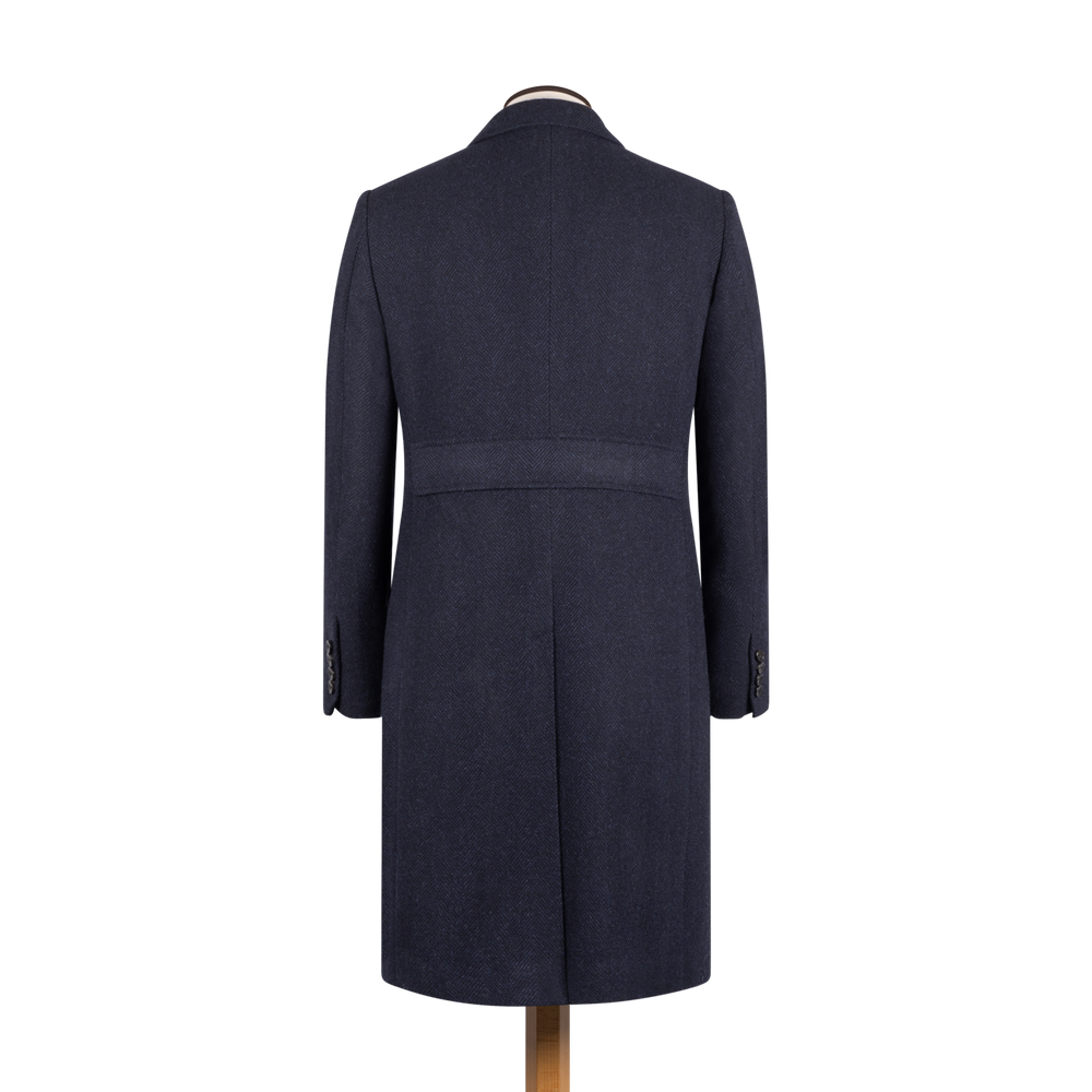 
                  
                    Double Breasted Peak Lapel Overcoat in Navy Herringbone
                  
                