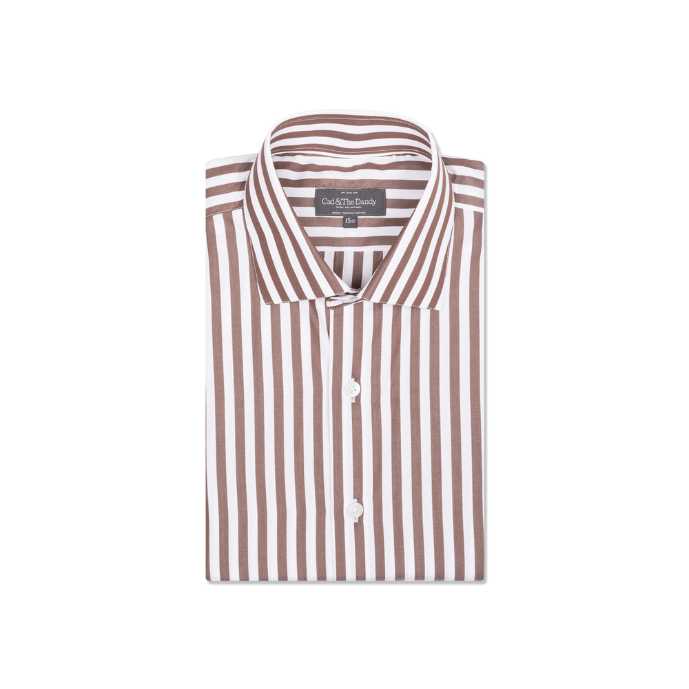 Cutaway Collar Shirt in Brown Stripe Poplin