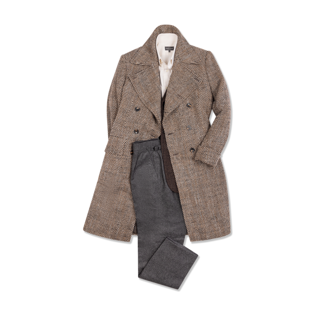 
                  
                    Greatcoat in Brown Herringbone Wool
                  
                