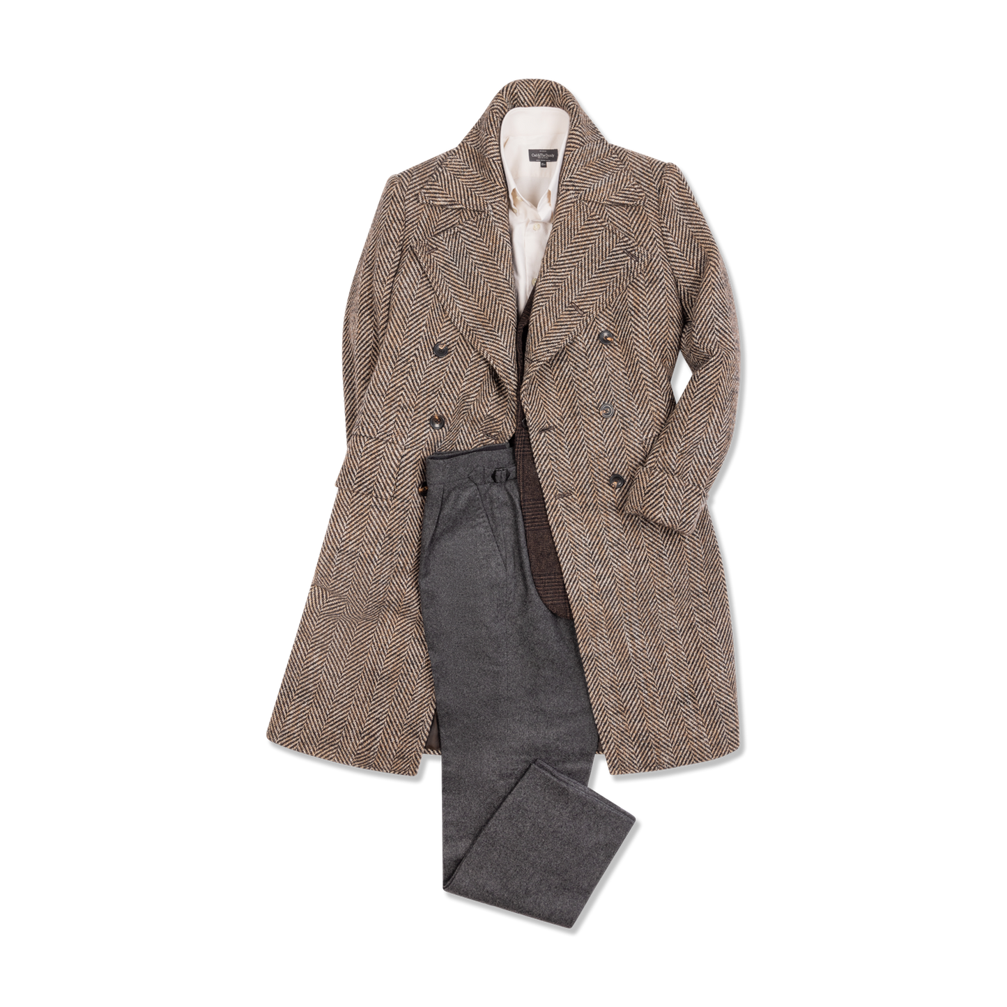 
                  
                    Greatcoat in Brown Herringbone Wool
                  
                