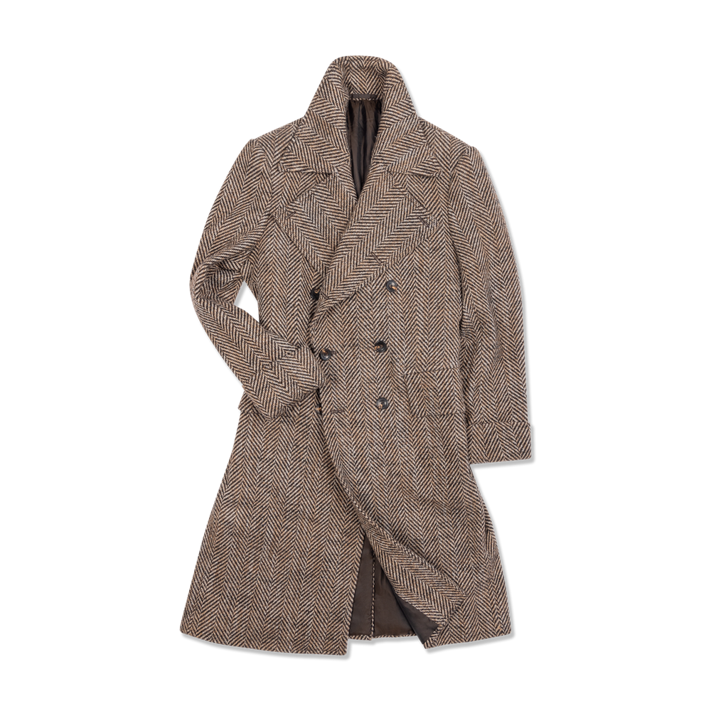 
                  
                    Greatcoat in Brown Herringbone Wool
                  
                