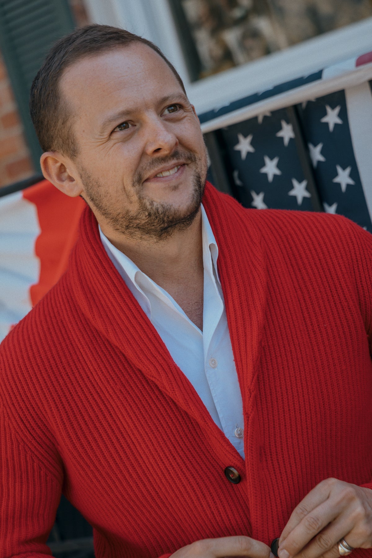
                  
                    Donegal Shawl Cardigan in London Red
                  
                
