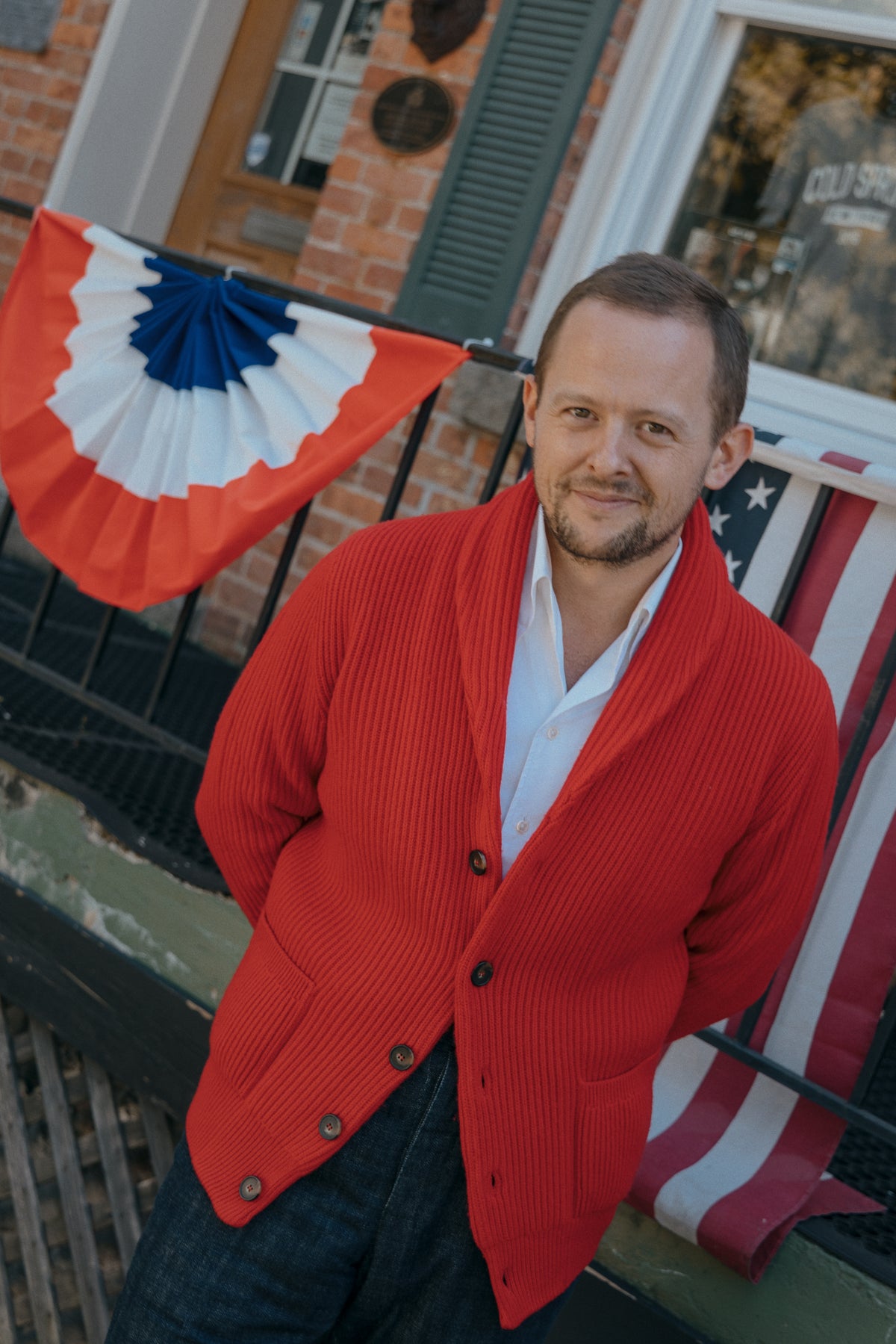 
                  
                    Donegal Shawl Cardigan in London Red
                  
                