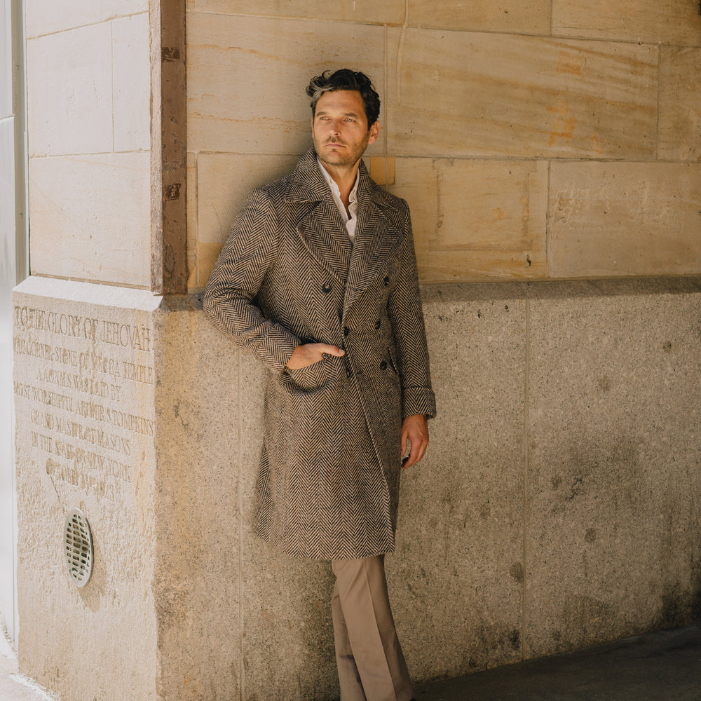 
                  
                    Greatcoat in Brown Herringbone Wool
                  
                