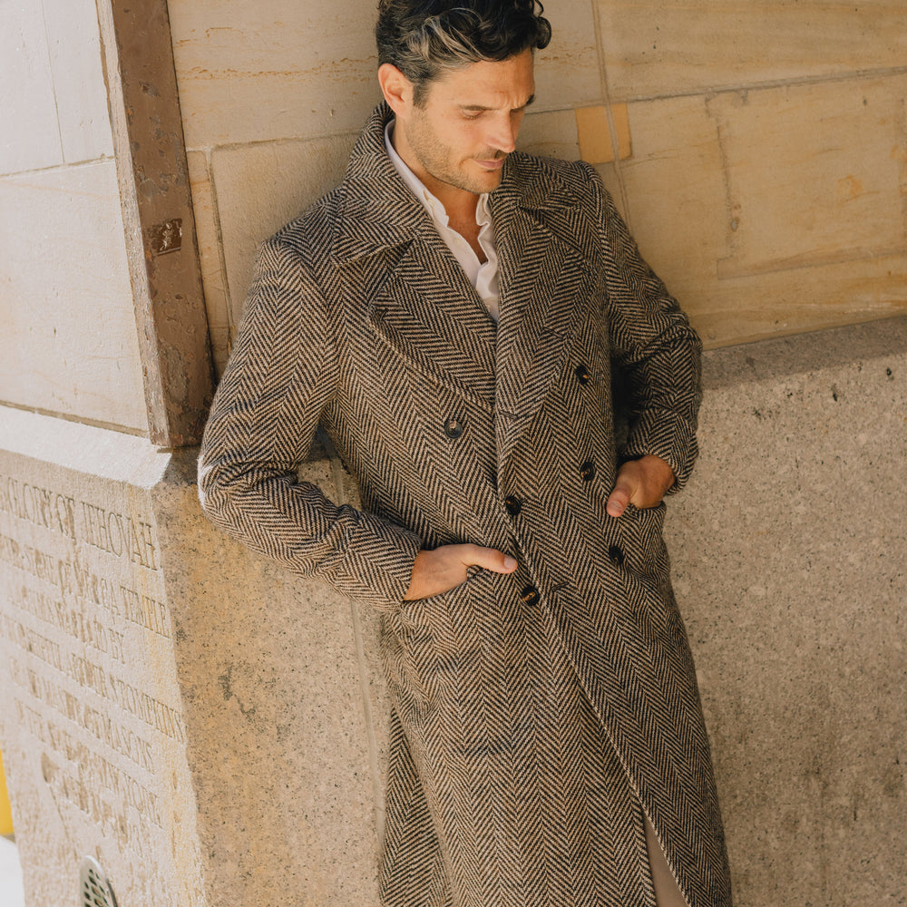 
                  
                    Greatcoat in Brown Herringbone Wool
                  
                