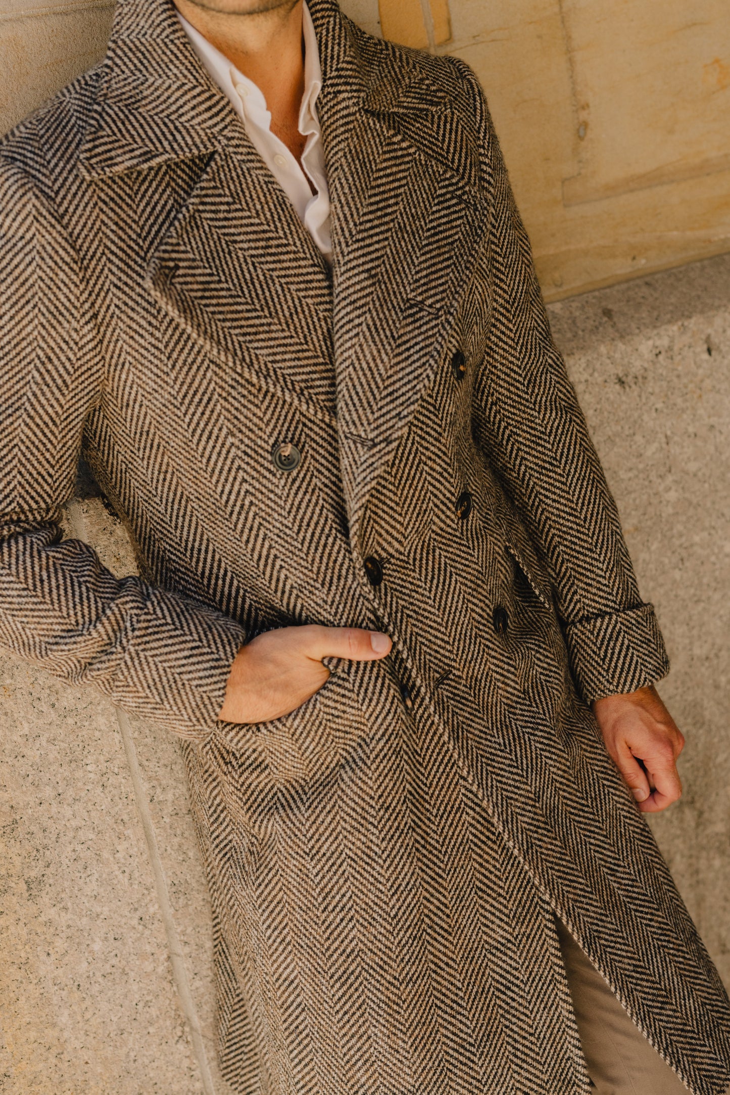 
                  
                    Greatcoat in Brown Herringbone Wool
                  
                