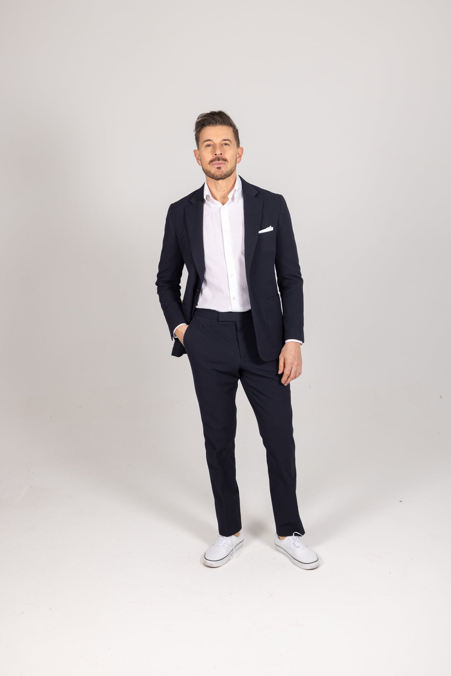 
                  
                    Single Breasted Notch Lapel Suit in Navy Seersucker
                  
                