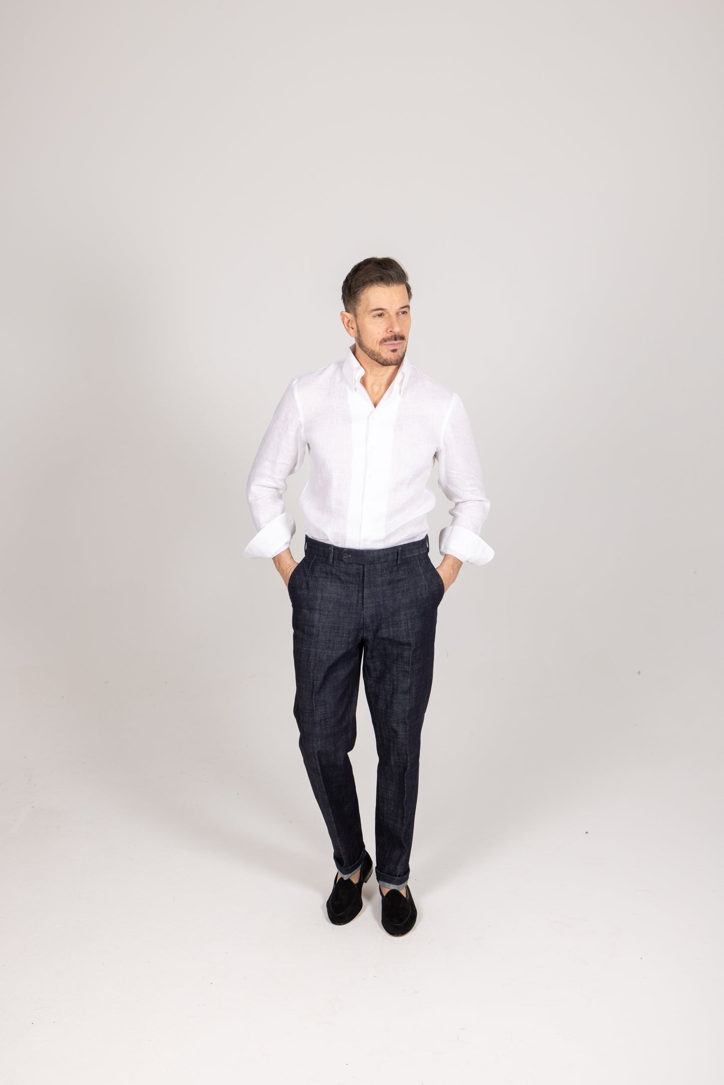 
                  
                    One Piece Collar Shirt in White Linen
                  
                