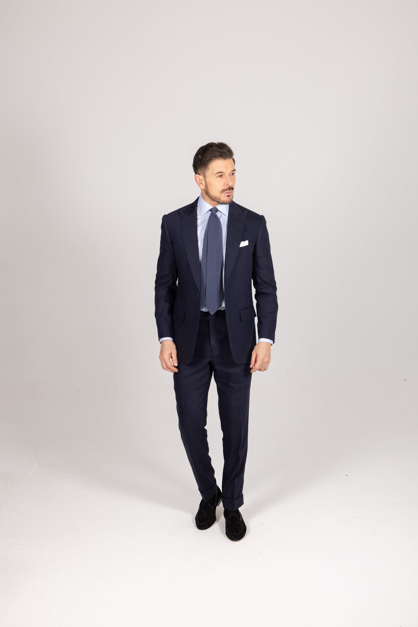 
                  
                    Single Breasted Peak Lapel Suit in Navy Wool Linen
                  
                
