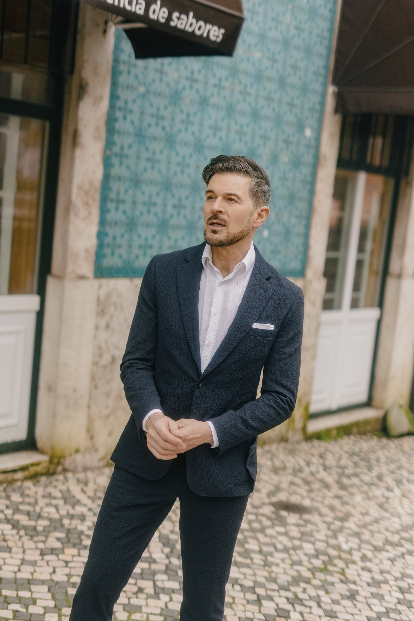 
                  
                    Single Breasted Notch Lapel Suit in Navy Seersucker
                  
                