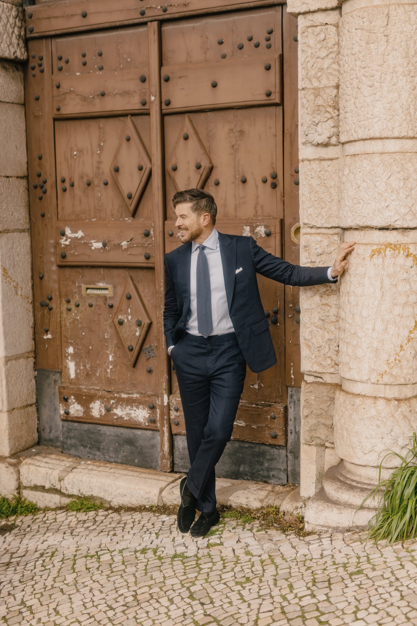 
                  
                    Single Breasted Peak Lapel Suit in Navy Wool Linen
                  
                