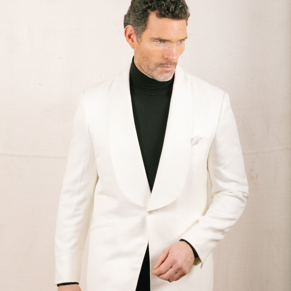 
                  
                    Wide Shawl Lapel Jacket in White Bamboo
                  
                