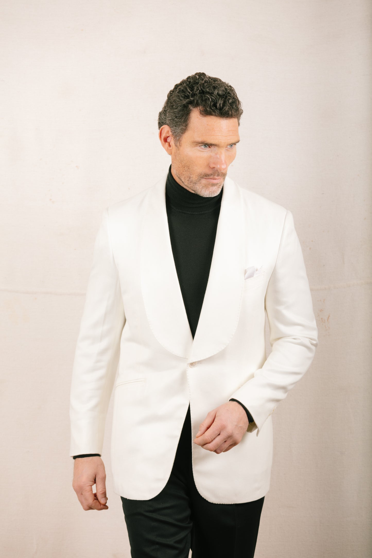 
                  
                    Wide Shawl Lapel Jacket in White Bamboo
                  
                