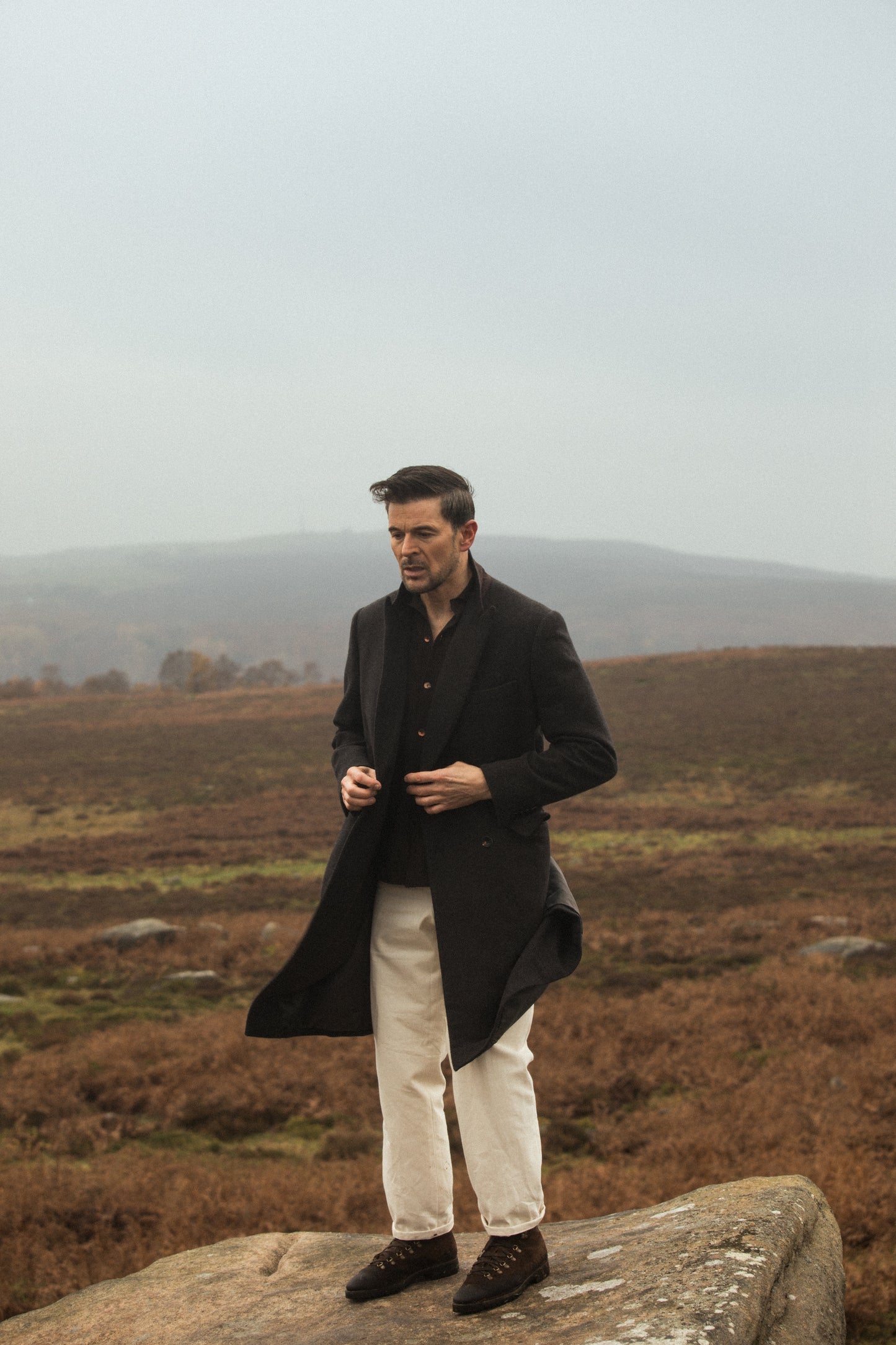 
                  
                    Double Breasted Peak Lapel Overcoat in Brown Herringbone
                  
                