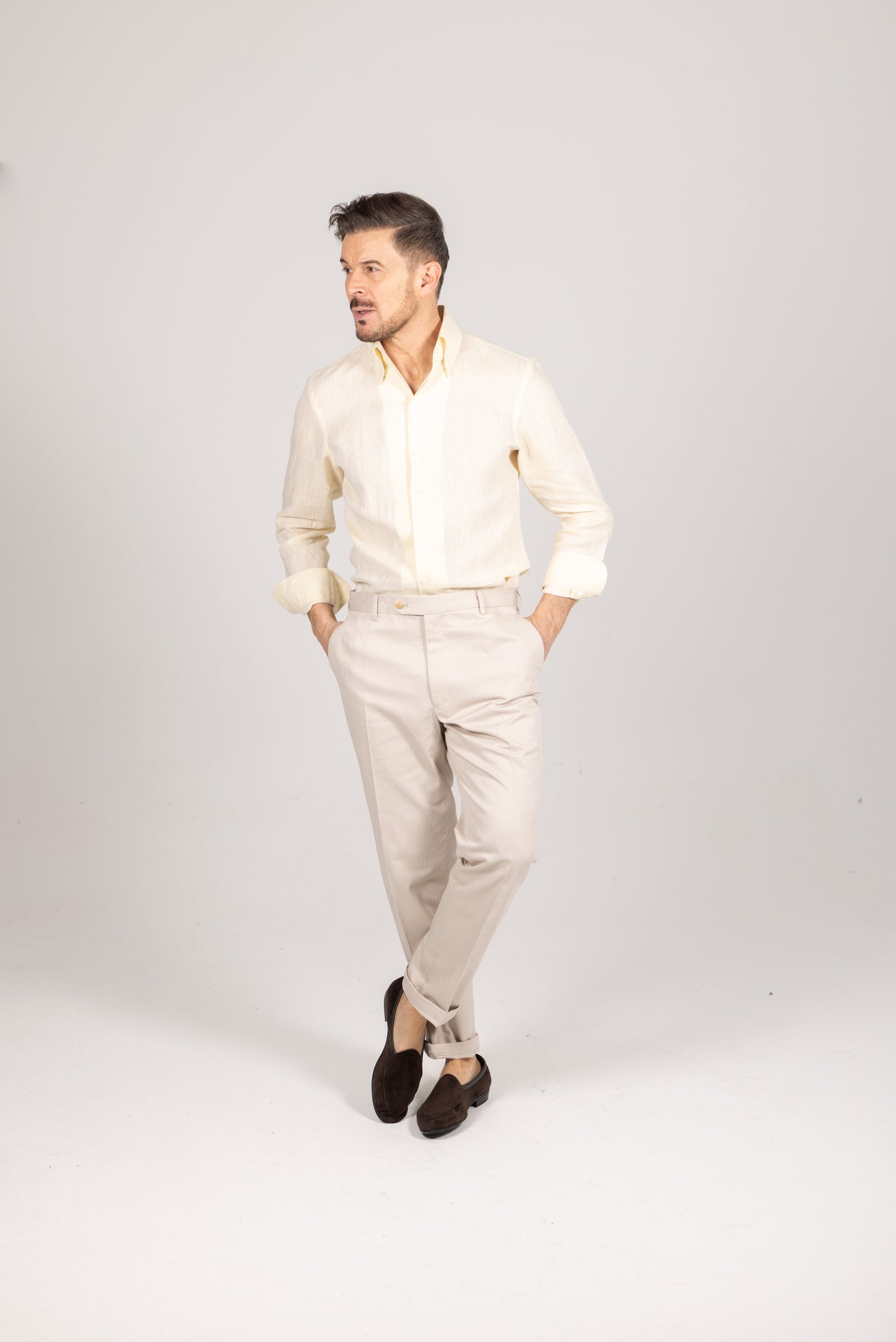 
                  
                    One Piece Collar Shirt in Pale Yellow Linen
                  
                