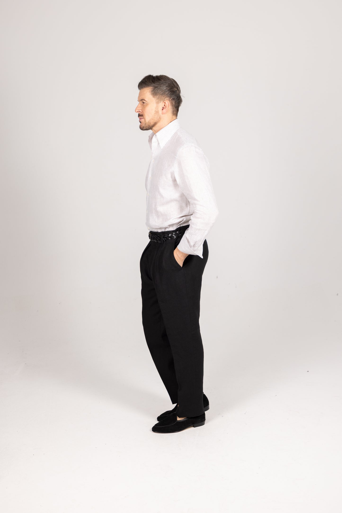 
                  
                    One Piece Collar Shirt in Green Stripe Linen
                  
                