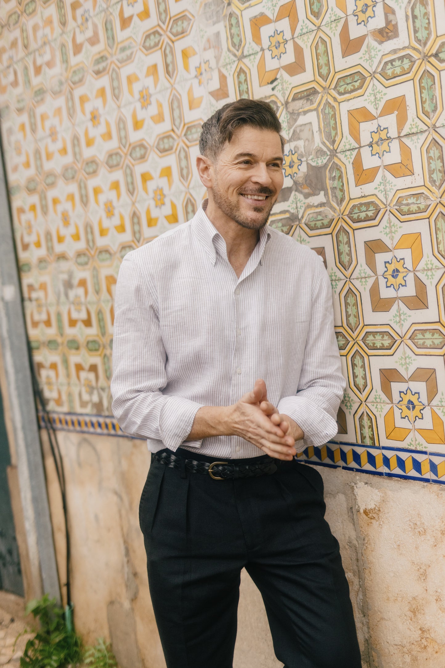 
                  
                    One Piece Collar Shirt in Green Stripe Linen
                  
                