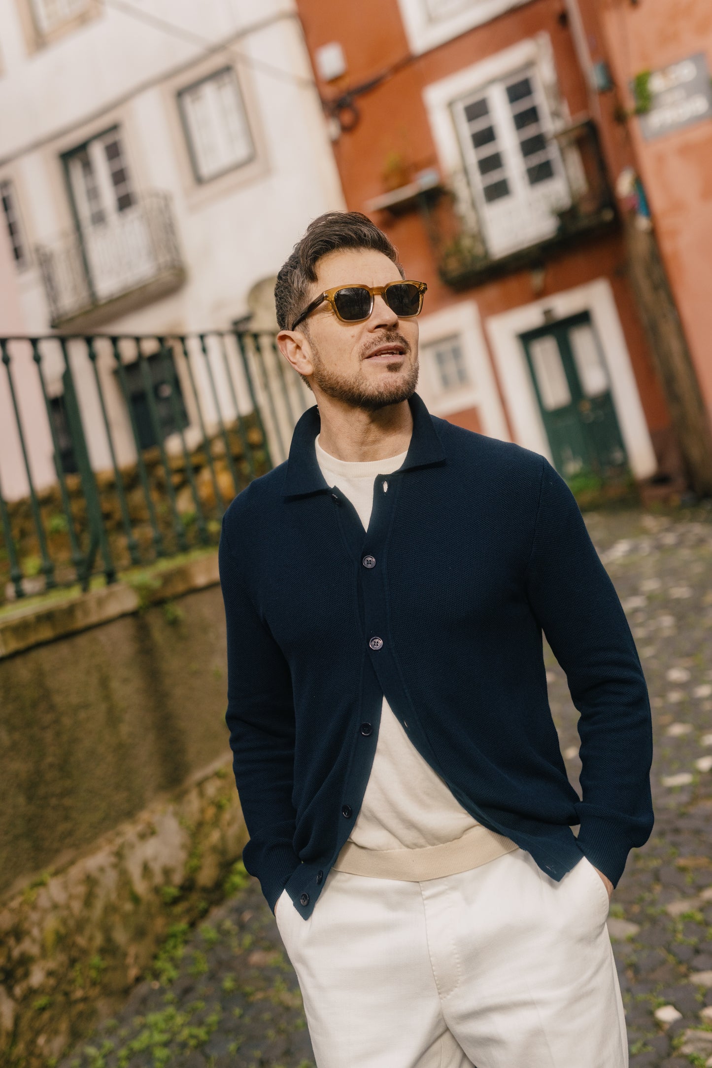 
                  
                    Polo Collar Cardigan in Dark Navy Piquet
                  
                