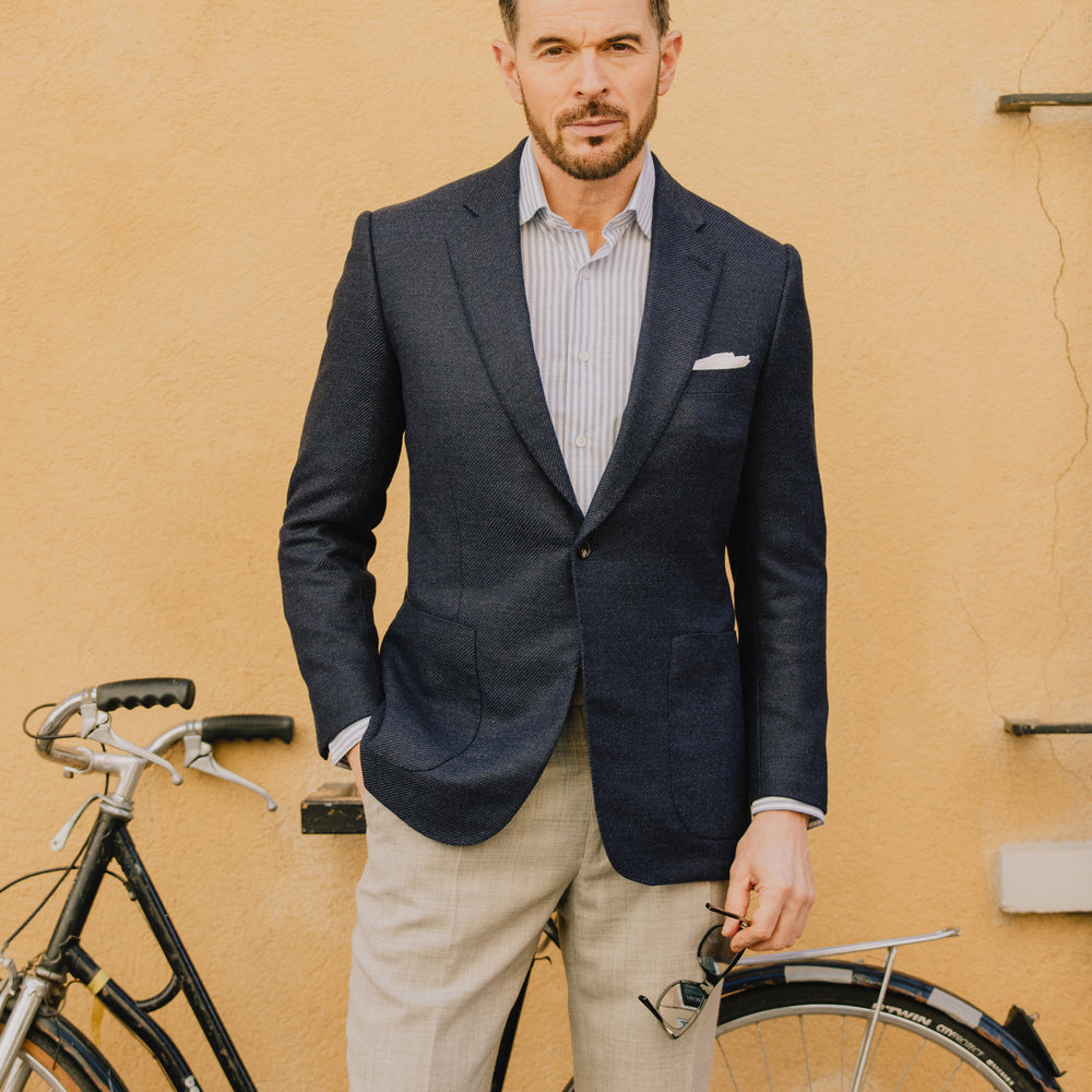 
                  
                    Single Breasted Notch Lapel Jacket in Navy Anniversary Wool
                  
                