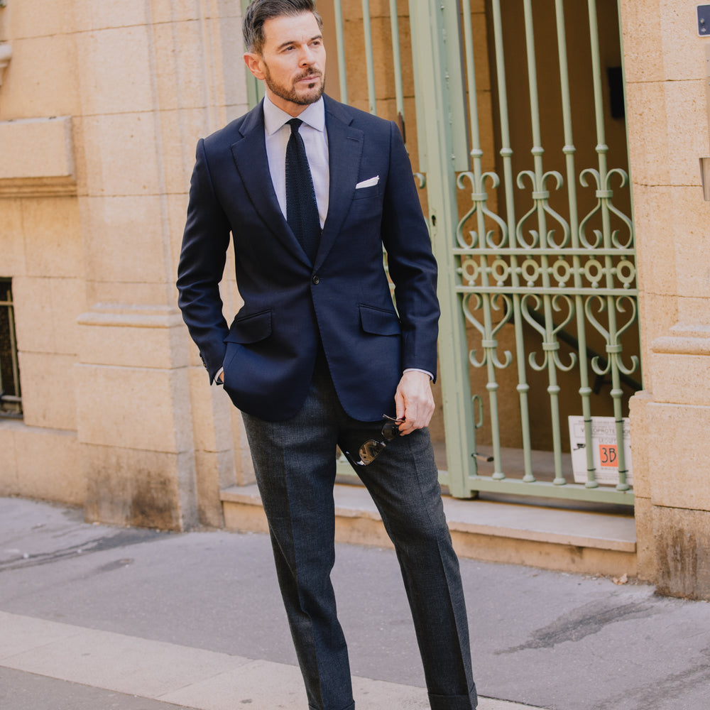 
                  
                    Classic Notch Lapel Jacket in Navy Hopsack Wool
                  
                