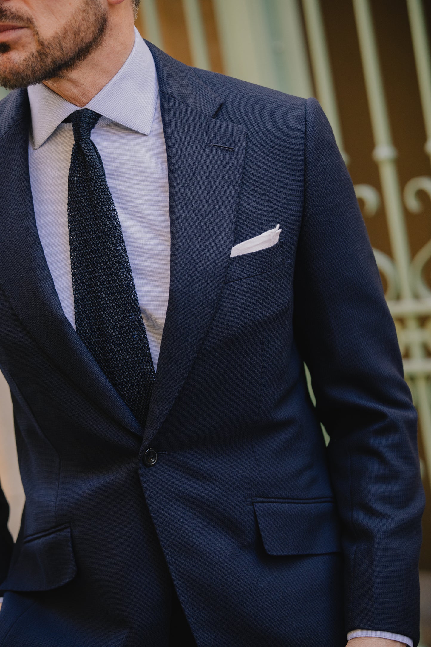 
                  
                    Classic Notch Lapel Jacket in Navy Hopsack Wool
                  
                