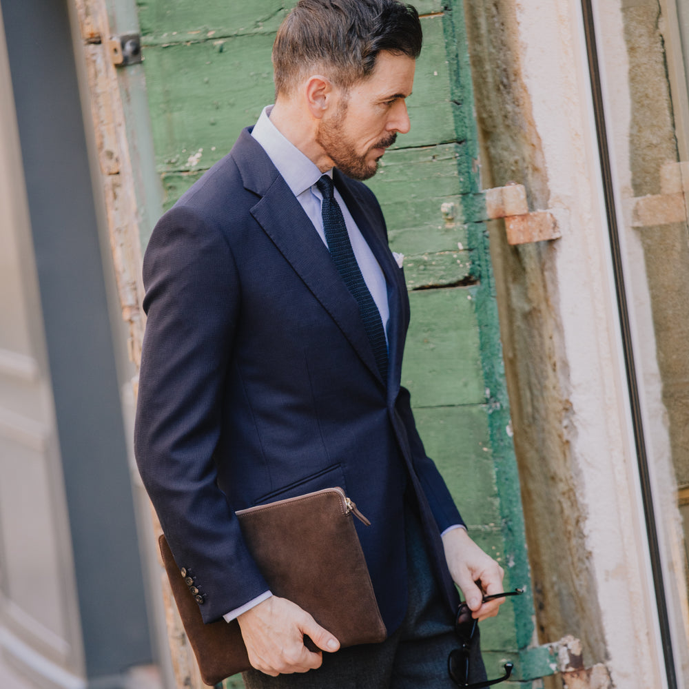 
                  
                    Classic Notch Lapel Jacket in Navy Hopsack Wool
                  
                