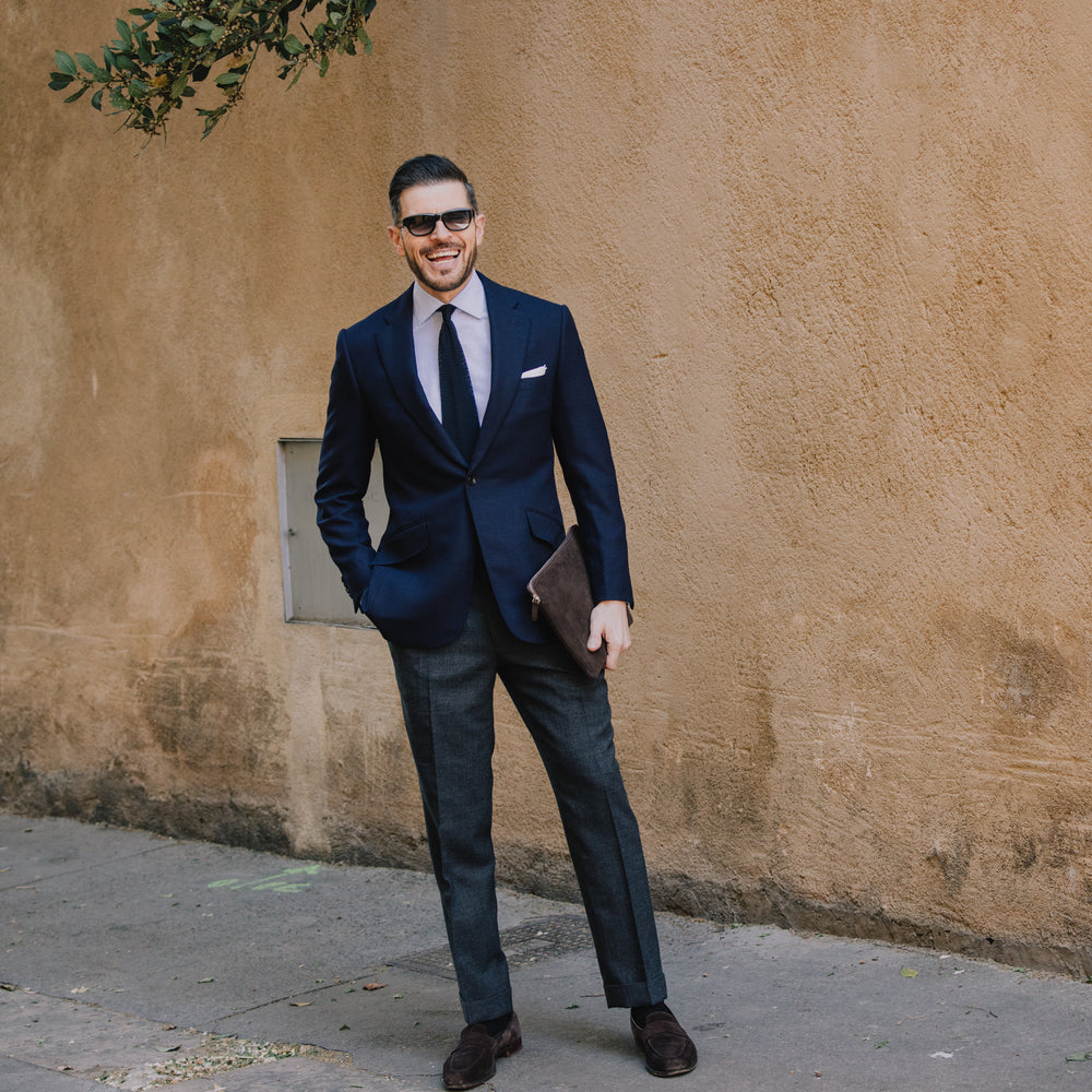 
                  
                    Classic Notch Lapel Jacket in Navy Hopsack Wool
                  
                