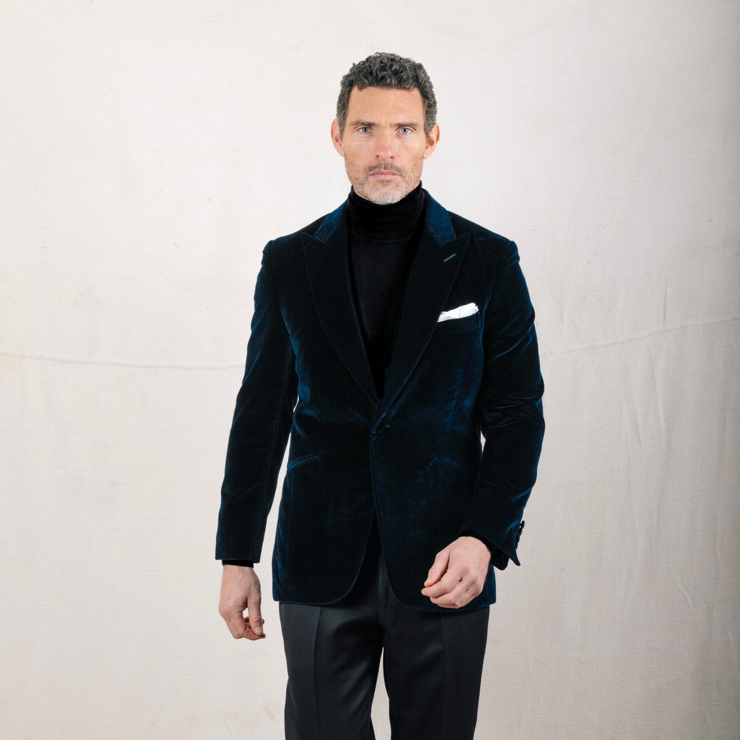 
                  
                    Peak Lapel Jacket in Midnight Blue Velvet
                  
                