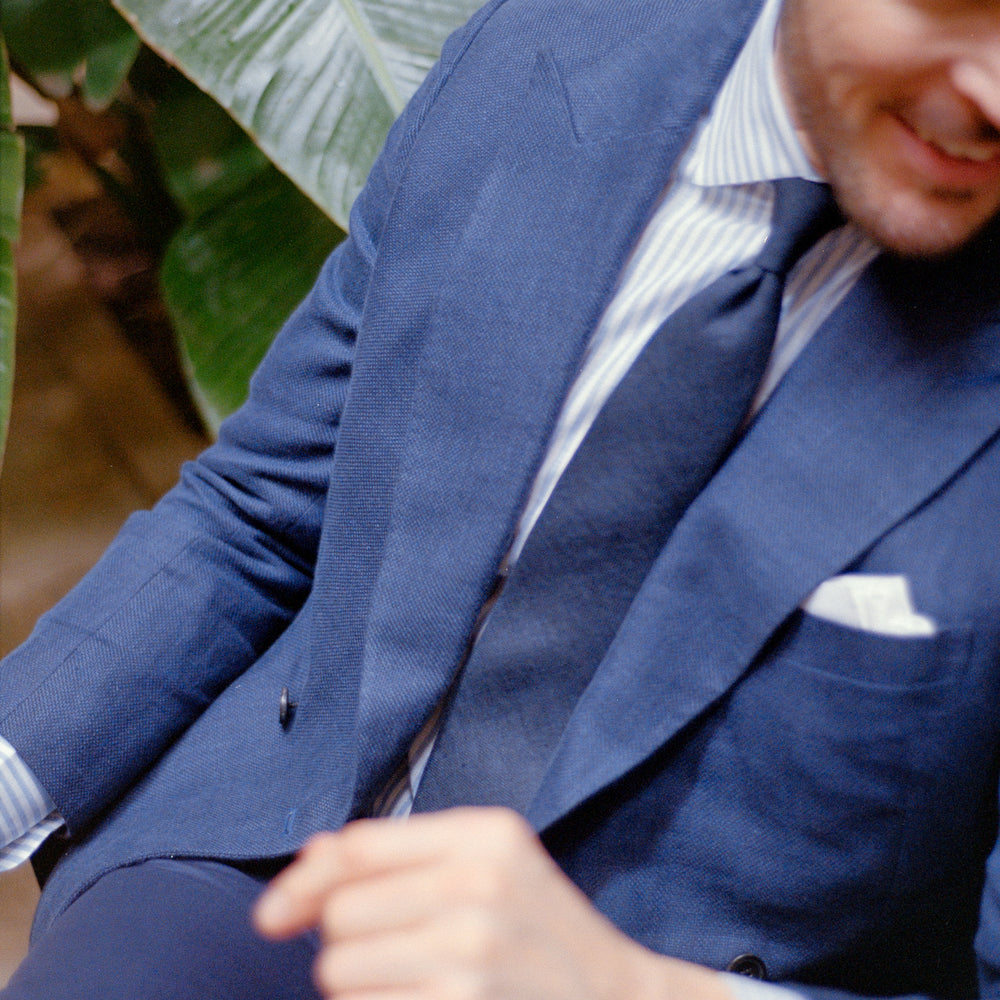 
                  
                    Double Breasted Peak Lapel Jacket in Navy Blue Hopsack
                  
                