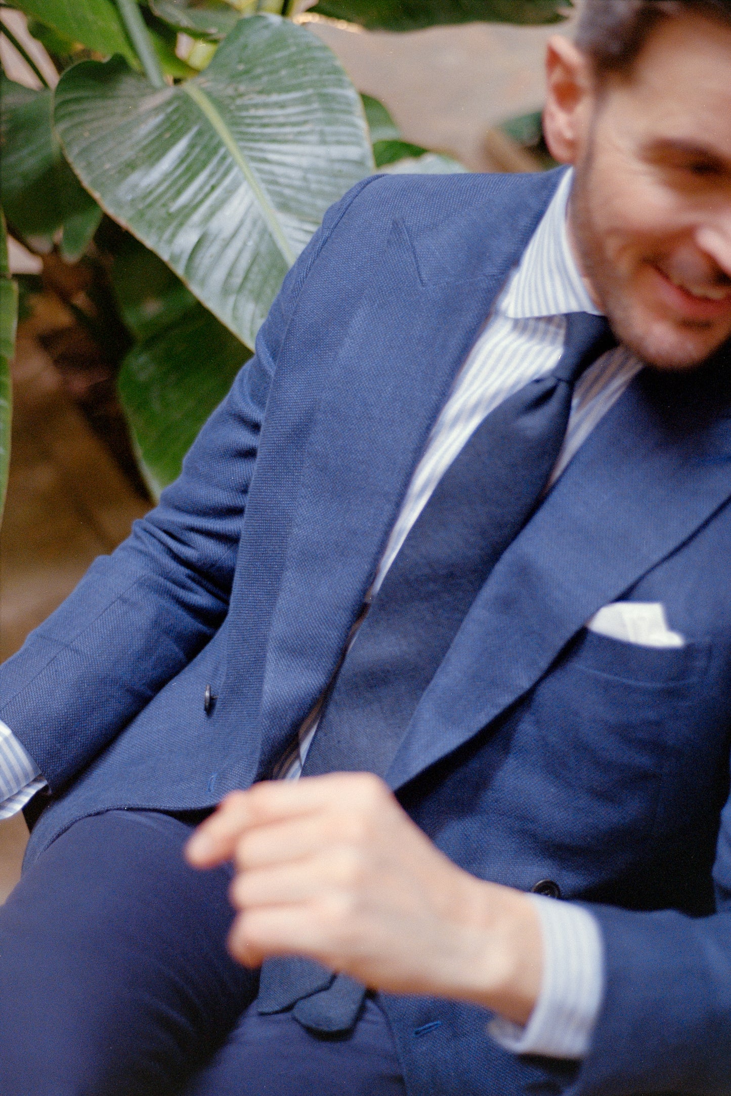 
                  
                    Double Breasted Peak Lapel Jacket in Navy Blue Hopsack
                  
                