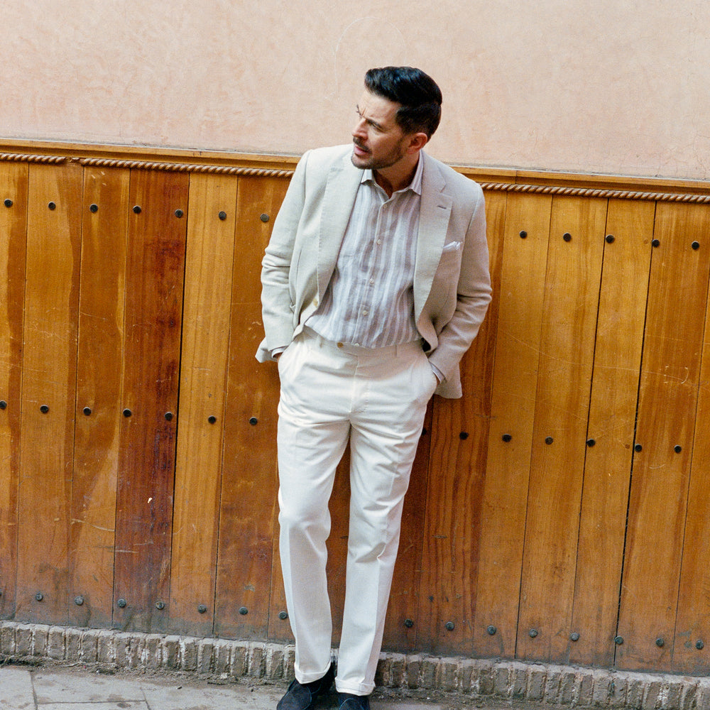 
                  
                    Flat Front Trouser in White Denim
                  
                