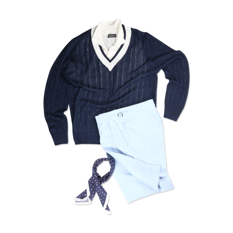 
                  
                    Tennis Sweater in Navy Blue Linen Mix
                  
                