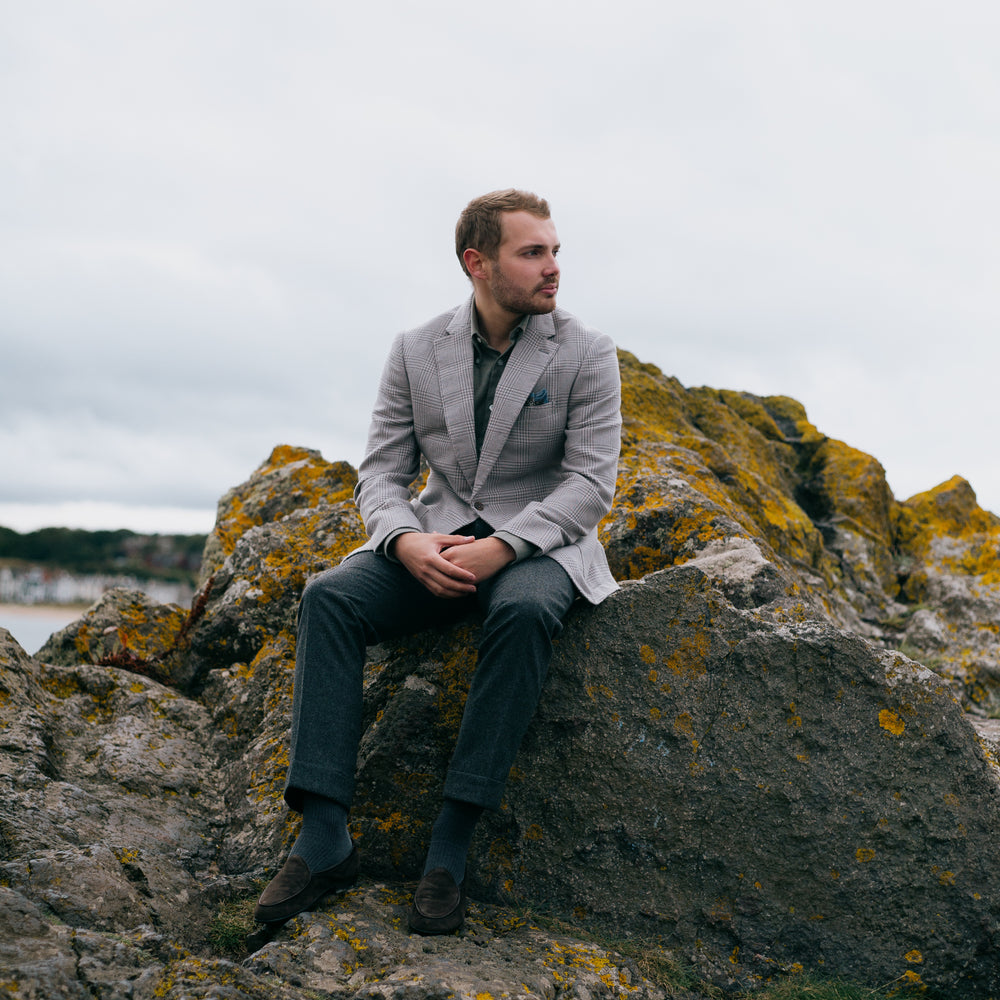 
                  
                    Single Breasted Notch Jacket in Cream and Silver Glen Check
                  
                
