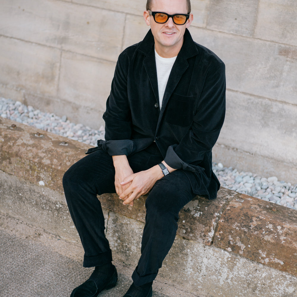 
                  
                    Flat Front Trouser in Black Cashmere Mix Corduroy
                  
                