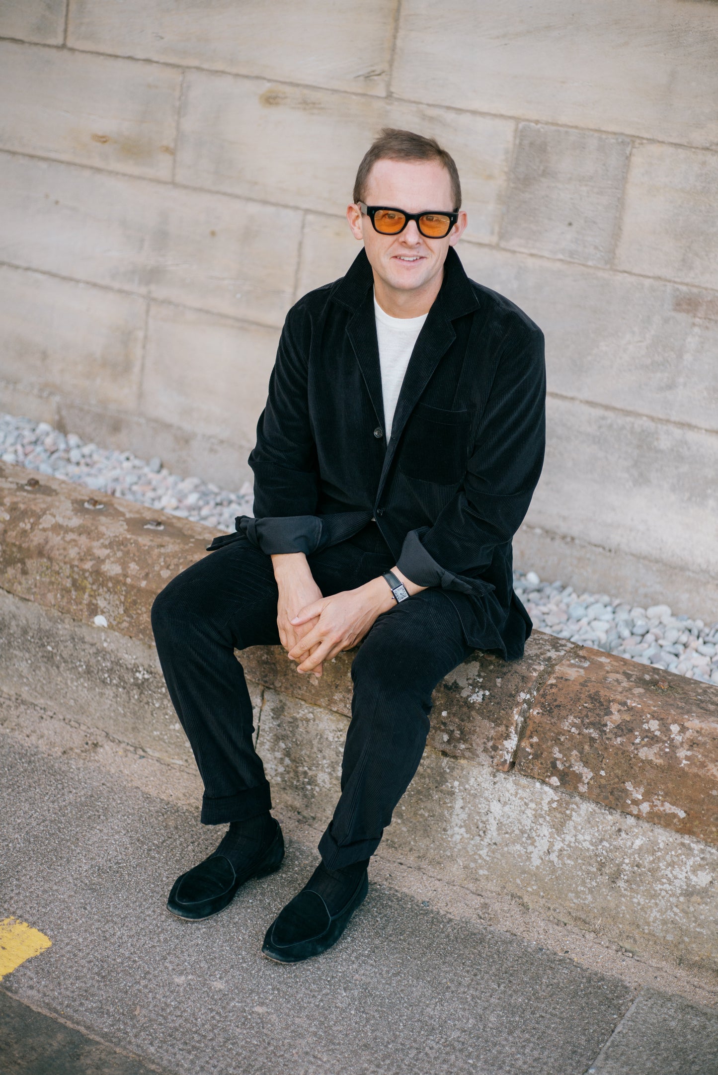 
                  
                    Flat Front Trouser in Black Cashmere Mix Corduroy
                  
                