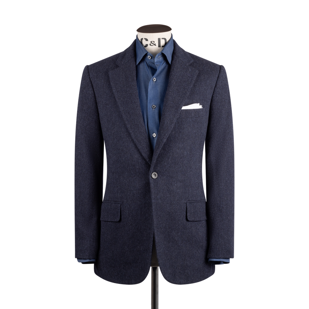 Single Breasted Notch Lapel Jacket in Mid Blue Herringbone