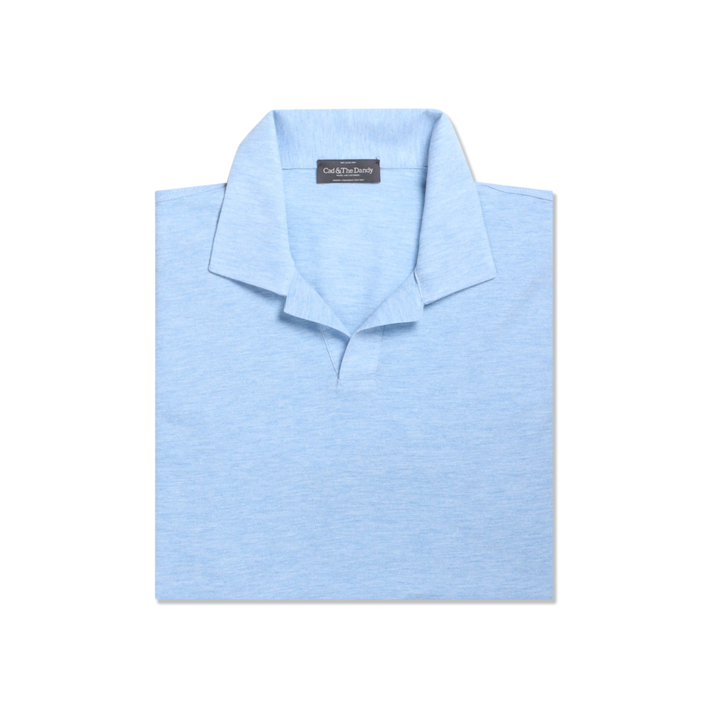 Open Collar Polo in Azure Cotton Pique