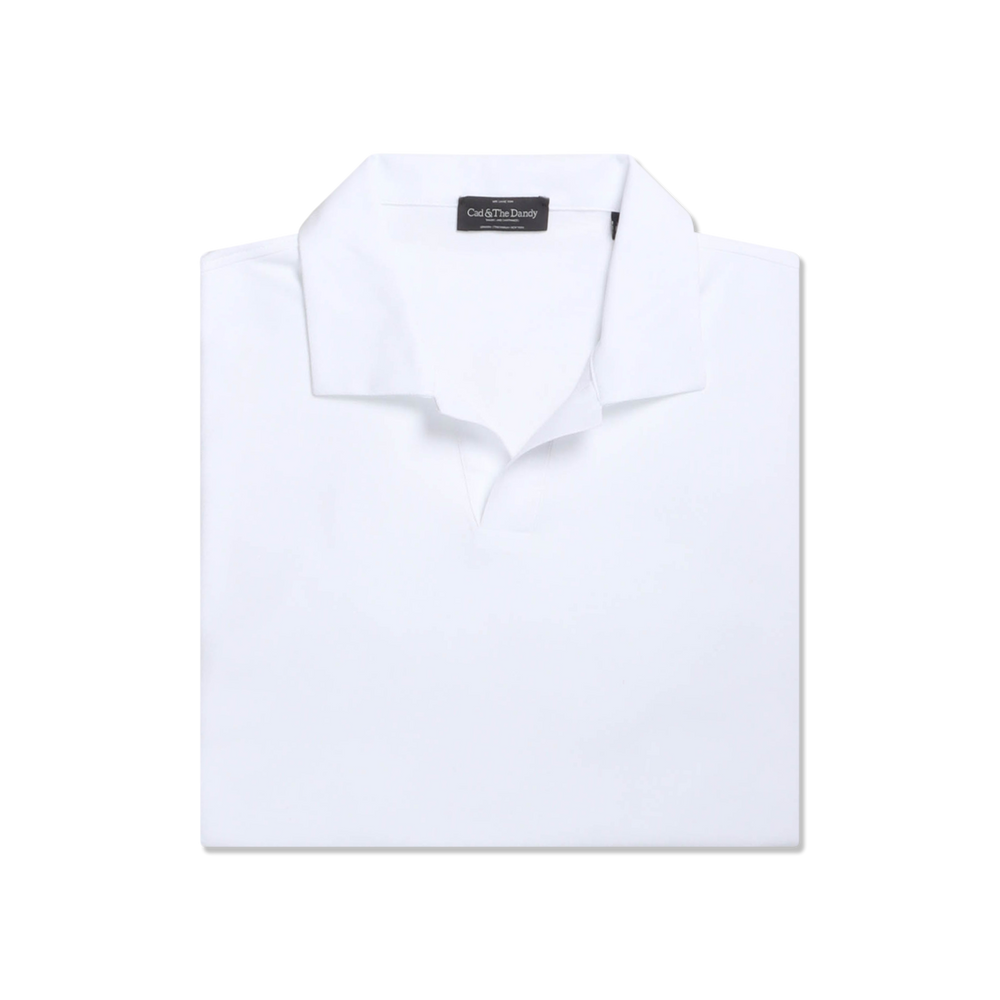 Open Collar Polo in White Cotton Pique