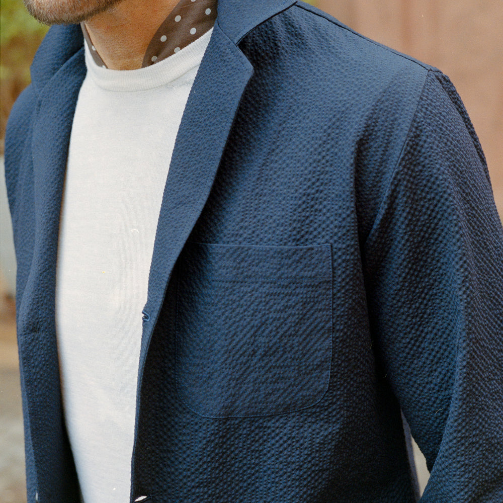 
                  
                    Painters Jacket in Navy Blue Seersucker
                  
                