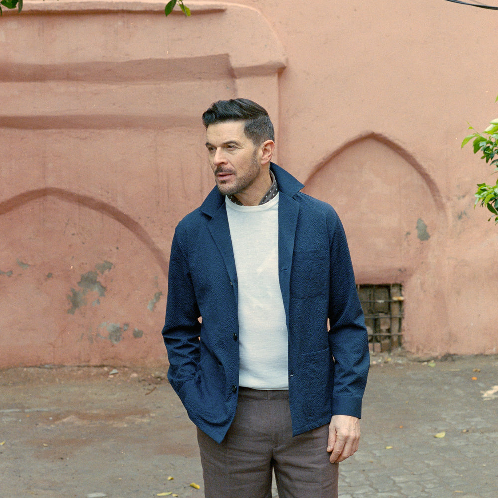 
                  
                    Painters Jacket in Navy Blue Seersucker
                  
                