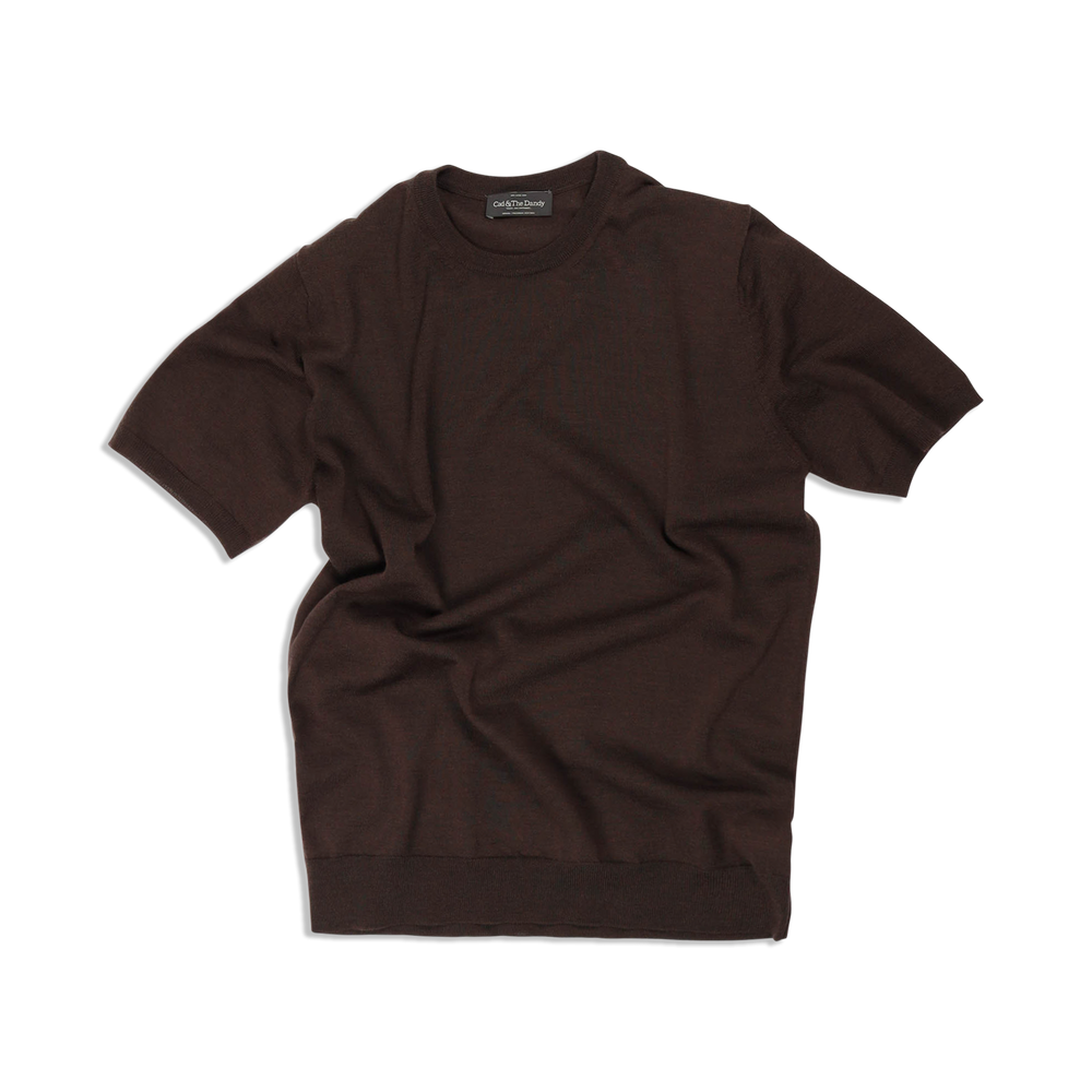 
                  
                    Knitted T-Shirt in Off Chocolate Brown Merino Wool
                  
                