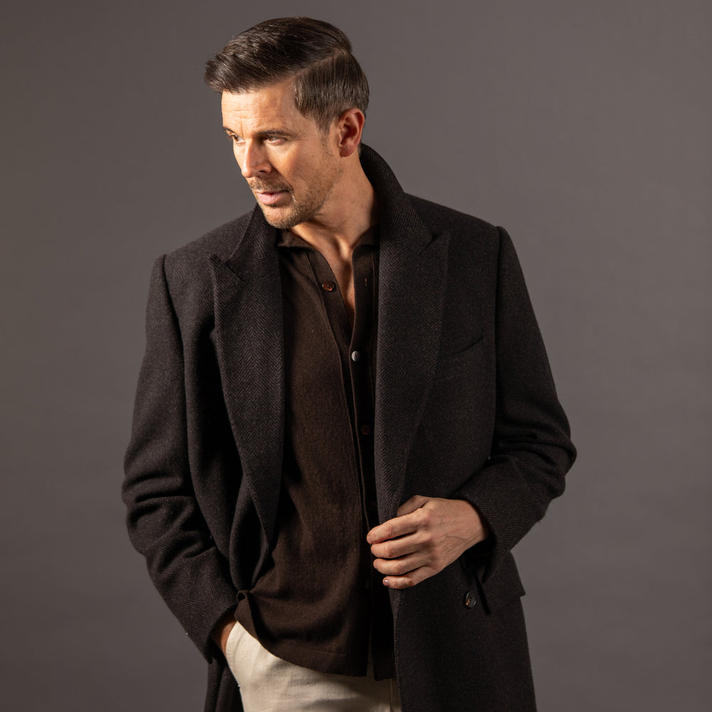 
                  
                    Double Breasted Peak Lapel Overcoat in Brown Herringbone
                  
                